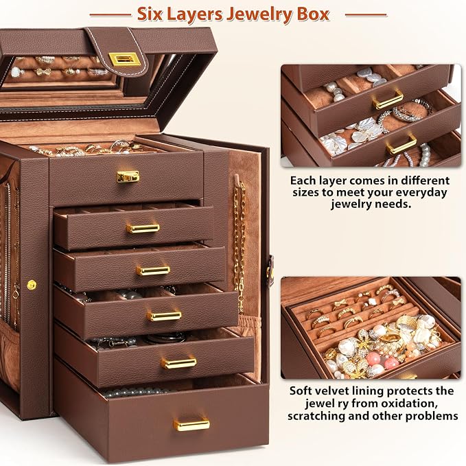 AKOZLIN Jewelry Box Organizer Functional Leather Jewelry Storage Case for Women Girls Ring Necklace Earring Bracelet Holder Organizer with Mirror Brown - Image 3