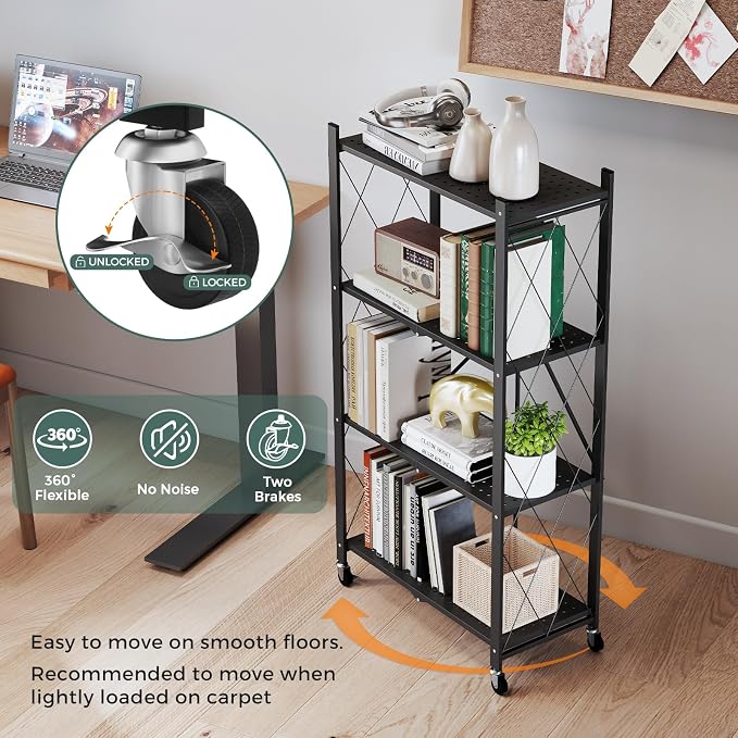 DEANIC 4 Tier Foldable Storage Shelves with Wheels, No Assembly Organizer Rack for Garage Kitchen, Basement, Pantry,Perfect for Craft Shows & Vendor Events(Black) - Image 9