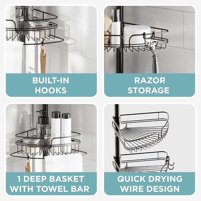 Zenna Home Tension Pole Shower Caddy Corner Organizer, Adjustable Standing Shower Caddy with 4 Baskets and Built in Towel Bar, Rust Resistant Bathroom Tension Rod Organizer, 60 to 97 Inch, Bronze - Image 6