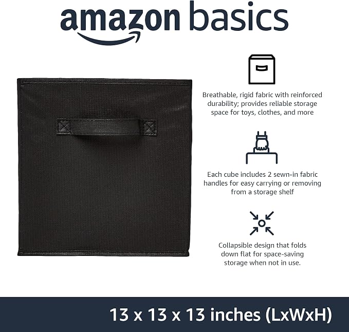 Amazon Basics Collapsible Fabric Storage Cube Bins Organizer with Handles, Organization Containers, Multifunctional, 13" x 13" x 13", Black, 6-Pack - Image 2
