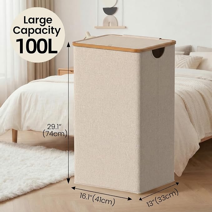 efluky 26 Gal Laundry Basket with Lid and Net Bag, Tall Laundry Hamper with Bamboo Handles, Aesthetic Dirty Clothes Bin for Laundry Room, Bathroom, Bedroom and Dorm, Oatmeal - Image 2