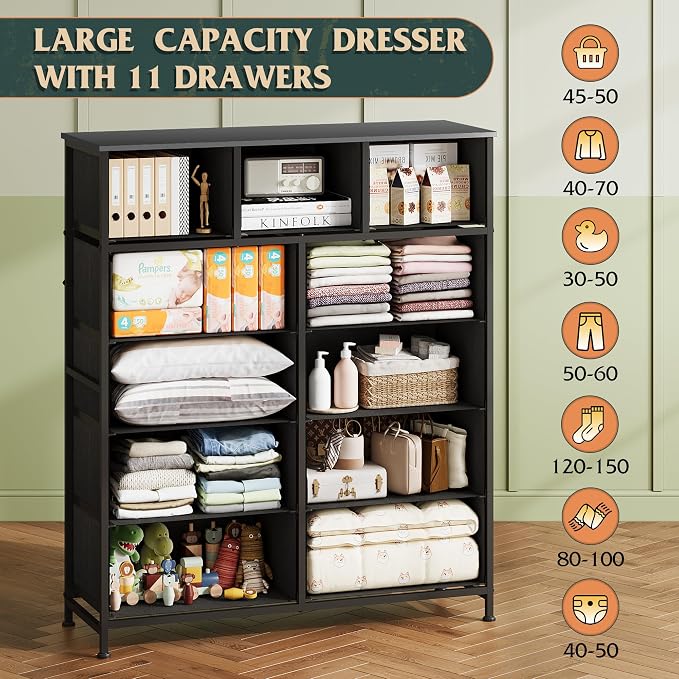 WLIVE Storage Organizer Unit with 11 Fabric Bins, Storage Drawers Organizer with Steel Frame, Tall Storage Tower Organizaton for Living Room, Hallway, Office, Vintage Green - Image 4