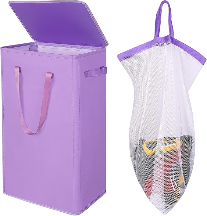 Odonata 75L Slim Laundry Hamper with Lid,Large Foldable Laundry Basket with Removable Bag and Handles Tall Collapsible Dirty Clothes Basket Great for Bedroom, Bathroom, Dorm, College,RV.(Purple, 75L) by Odonata