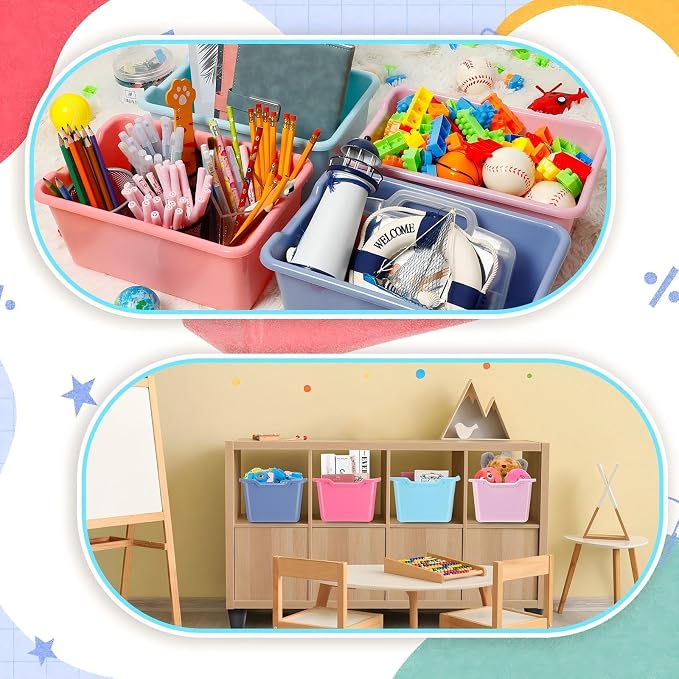 Dandat 16 Pcs Plastic Book Bins for Classroom Library Cubby Bins Scoop Front Stackable Toy Storage Tubs Containers for School Office Home Nursery Playroom Organization(Pastel Color) - Image 5