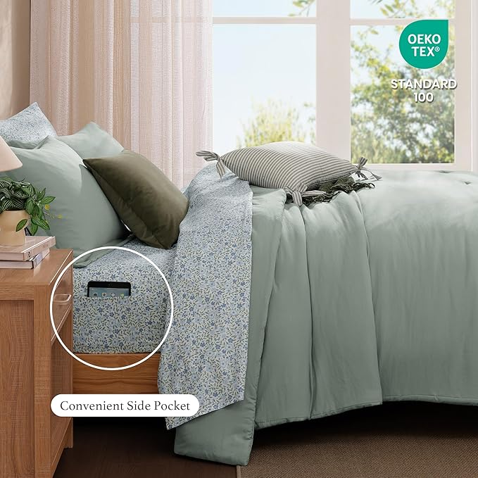 Monbix King Size Comforter Set - 7 Pieces Sage Green Prewashed Bed in a Bag King Bedding Sets with Comforters, All Seasons Ultra Soft Comforter Bed Set with Sheets,Pillowcases & Shams