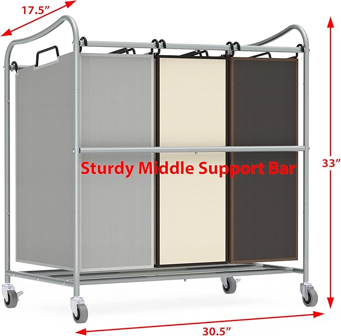 Simple Houseware Heavy Duty 3-Bag Laundry Sorter Rolling Cart, Silver/Assorted – Durable Triple Laundry Hamper with Removable Bags and Lockable Wheels for Laundry Room Organization - Image 3