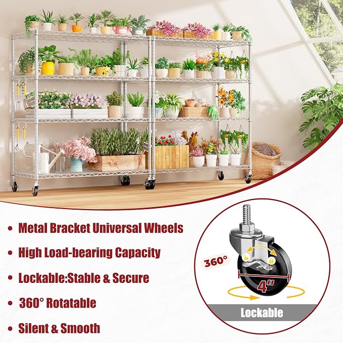 PrimeZone 4 Tier 55.5" Wx24 Dx76 H Wire Shelving with Wheels 2400lbs NSF Certified Storage Shelves Heavy Duty Metal Shelf Adjustable Rolling Rack Commercial Garage Restaurant Warehouse Kitchen 6Pack - Image 8