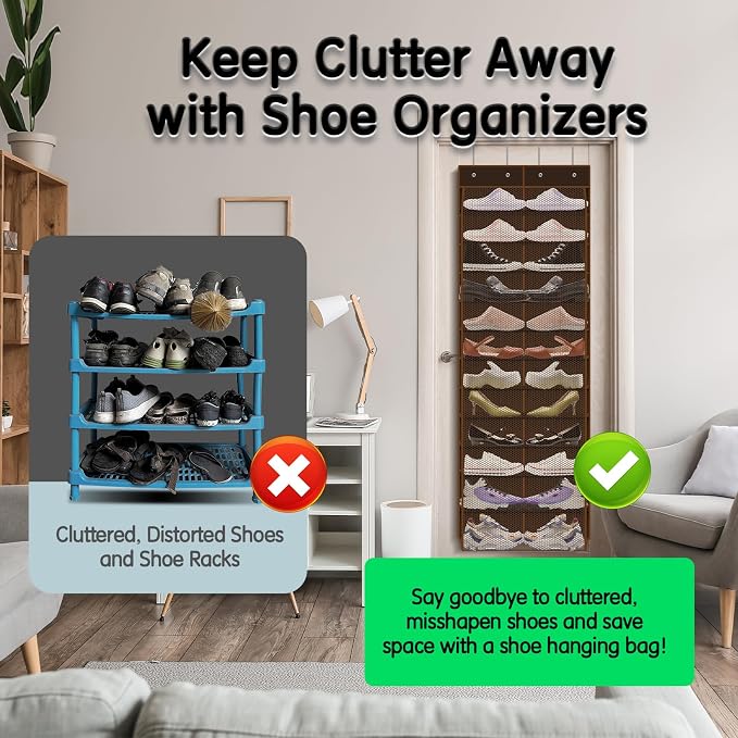 Kotkn Over The Door Shoe Organizer with 12 Large Breathable Pockets - Durable Hanging Storage for the Entire Family's Shoes (Espresso) - Image 6