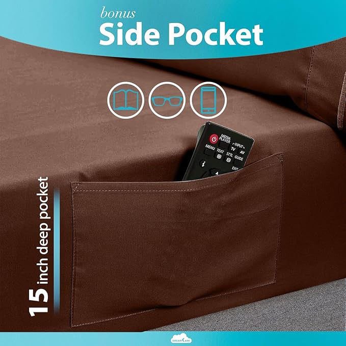 DREAMCARE Full Size Sheets - 6 pcs Breathable Cooling Bed Sheets - up to 15" Deep Pocket Full Size Bed Sheets wth Side Pockets - Extra Soft 100% Brushed Hypoallergenic Hotel Luxury Bedding Mocha Brown