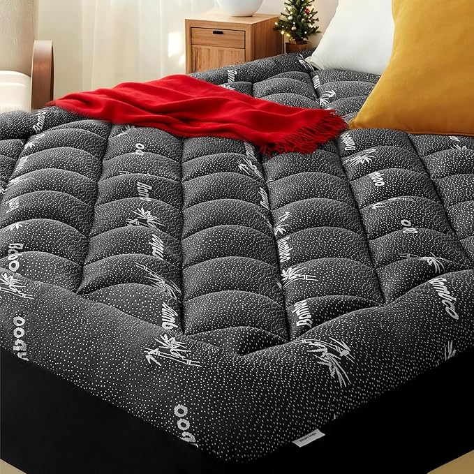 King Mattress Topper, Viscose Derived from Bamboo Thick Pillow Top Mattress Pad with Deep Pocket, Naturally Cooling for Hot Sleepers, Soft for Back Pain Relief, Dark Gray