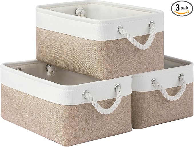 Storage Baskets for Shelves 13.8x9.8x6.7 Inch, Foldable Fabric Storage Bins with Handles, Small Storage Baskets for Organizing Closet, Office, Home Organization (3-Pack, White&Khaki) by VQRTEXAStorageBasket