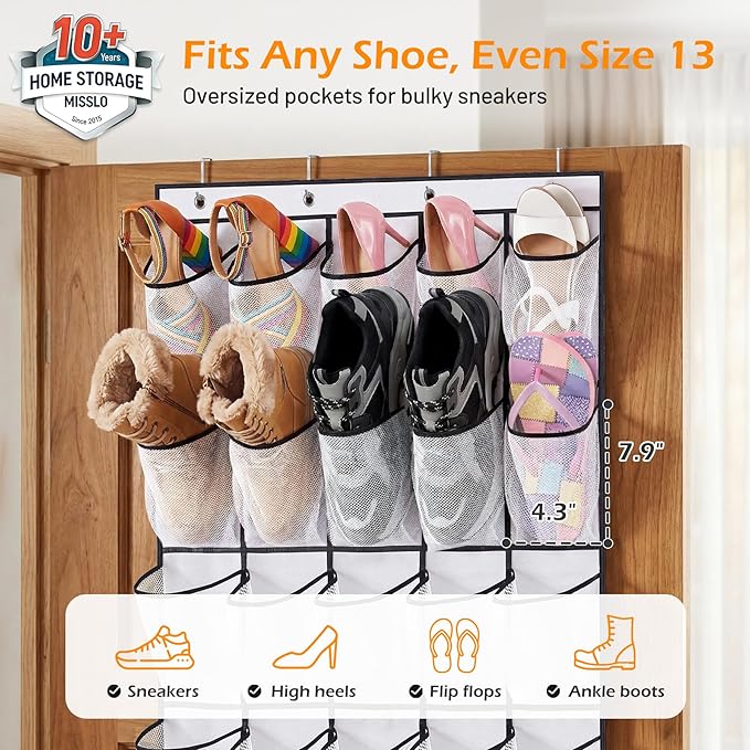 MISSLO 35 Large Pockets Over The Door Shoe Organizer Sturdy Oxford Fabric Hanging Shoe Rack for Door Mesh Closet Shoe Holder Hanger, White - Image 2