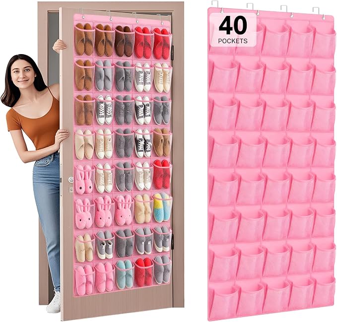 40-Pocket Over the Door Shoe Organizer - Large Mesh Pocket Hanging Shoe Organizer,Behind the Door Shoes Storage Holder Hanger (Pink) by Unknown