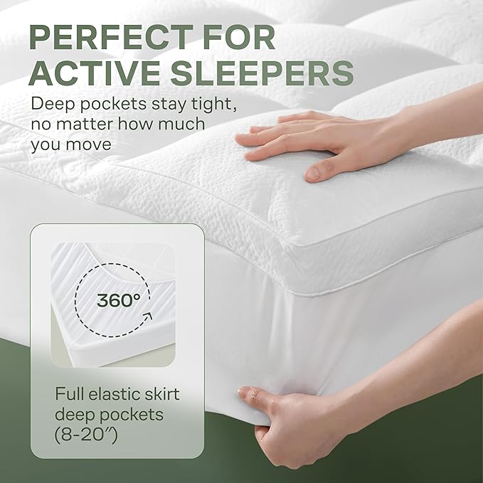Queen Size Mattress Topper - Plush & Soft Viscose Derived from Bamboo Mattress Pad, Naturally Cooling & Perfect for Back Pain Relief, Snow White