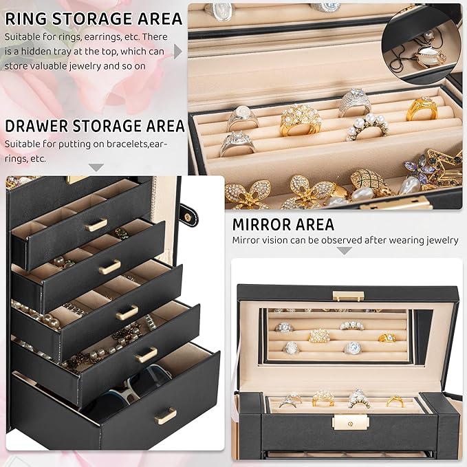 AKOZLIN Large 6-Tier Jewelry Box Lockable Leather Jewelry Storage Case with 5 Drawers for Women Girls Ring Necklace Earring Bracelet Holder Organizer with Mirror - Image 4