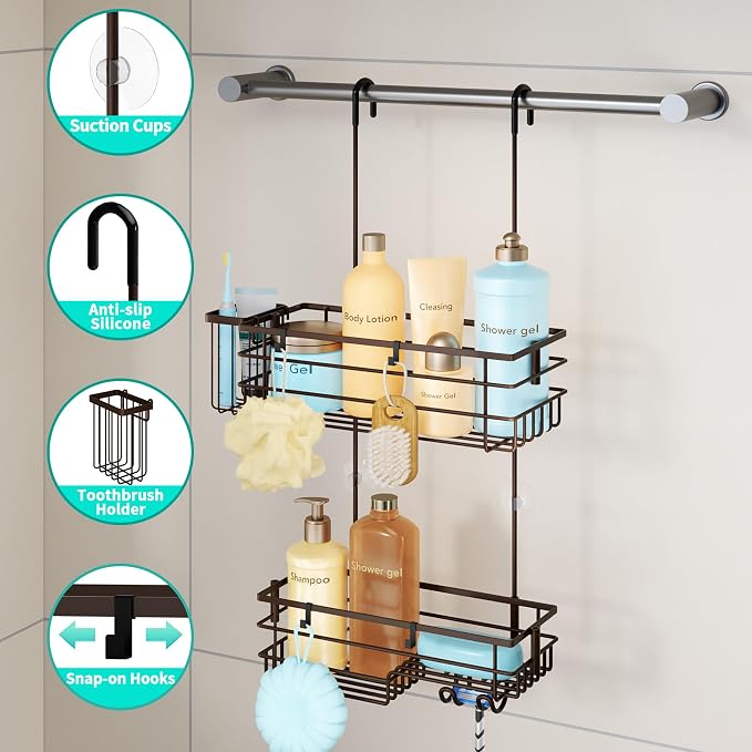 HapiRm Hanging Shower Caddy Organizer - No Drilling Shower Shelves with Hooks and Toothbrush Holder, Rustproof 304 Stainless Steel Bathroom Organizer - Bronze - Image 2