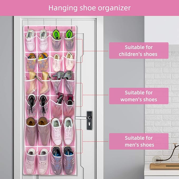 SAVERHO Hanging Shoe Organizer, Over The Door Shoe Organizer with 24 Breathable Mesh Pockets for Men Women Kids Hanging Shoe Storage Rack Organizer Size:58x21 Inch（Pink） - Image 3