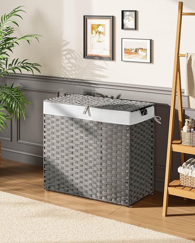 Greenstell Laundry Hamper with lid, No Install Needed, 130L Wicker Laundry Baskets Foldable 2 Removable Liner Bags, 2 Section Clothes Hamper Handwoven Rattan Laundry Basket with Handles, Gray - Image 2