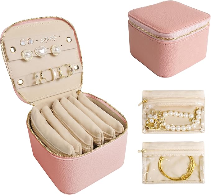 Travel Jewelry Case, Small Travel Jewelry Box with 6 Velvet Jewelry Bag Mini Pouch, Portable Travel Jewelry Organizer for Rings Earrings Necklaces, Beauty Gifts for Women Girls (Muted Pink) by Unknown