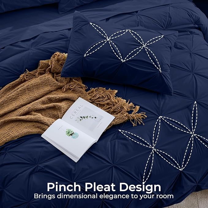 Sasttie Full Size Comforter Set, 7-Piece Bed in a Bag, Pintuck Bedding Sets for All Season, Includes Comforter, Flat Sheet, Fitted Sheet, Pillowcases and Pillowshams, Navy