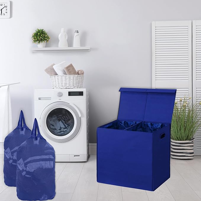 Simple Houseware Double Laundry Hamper with Lid and Removable Bags, Dark Blue - Image 2