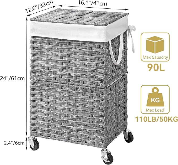 Chrislley 90L Slim Laundry Hamper with Wheels, Rolling Laundry Basket with Lid and Renovable Liner Bag, Handwoven Rattan Organizer for bedroom, bathroom, laundry room (Grey) - Image 3