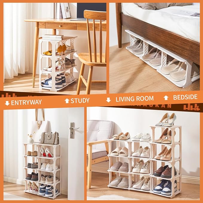 5 Tiers Shoe Rack Organizer for Closet Shoe Holder Storage Narrow Plastic Vertical, Free Standing Shoe Rack Shelf for Entryway Stackable Stability DIY, Beige - Image 7
