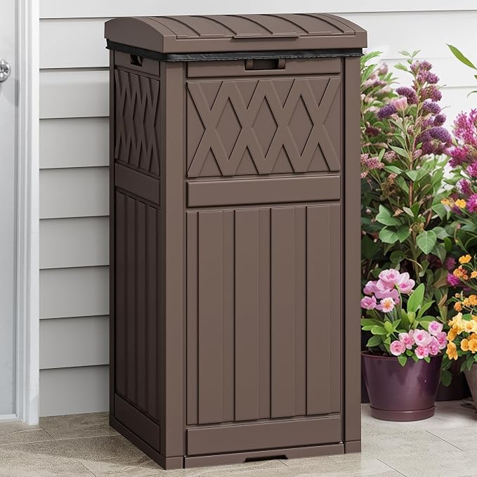 DWVO 36-Gallon Outdoor Trash Can with Fabric Bag, Tiered Lid & Drip Tray, Waterproof Resin Garbage Bin for Patio, Deck, and Backyard, Dark Brown - Image 9