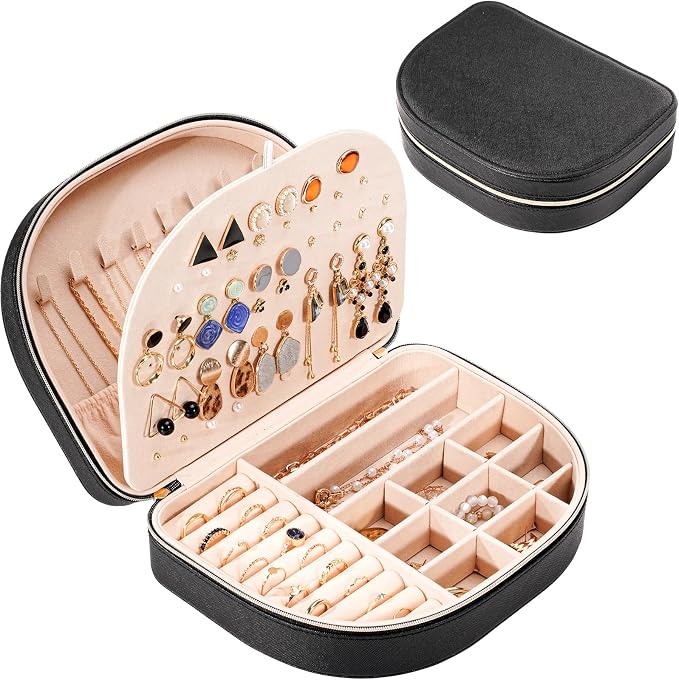ProCase Travel Size Jewelry Box, Large Portable Seashell-Shaped Jewelry Case, 2 Layer Jewelry Organizer in PU Leather for Women -Black by ProCase