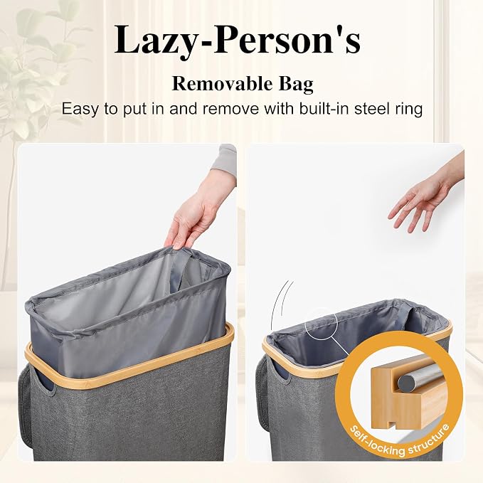 Foluck Slim Laundry Hamper, 60L Waterproof Narrow Laundry Basket with Lid and Removable Bag, Collapsible Tall Clothes Hamper with Bamboo Handles for Clothes Toys in Dorm Bedroom Bathroom, Grey - Image 3