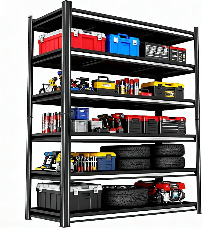 Storage Shelves, Garage Metal Shelving Unit, Adjustable, Double-Layer Column with Reinforced Ribs, Heavy-Duty, Capable of Bearing 600-3600 lbs (Black, 82 * 45 * 18, 6-Tier) by Beaunatixx