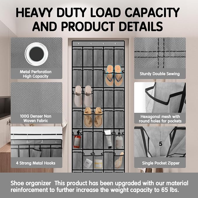 Kotkn 35 Compartment Over The Door Storage - Breathable Mesh Hanging Organizer with Large Pockets, Space Saving Design for Men & Women's Footwear, Closet, Bedroom (Gray) - Image 2