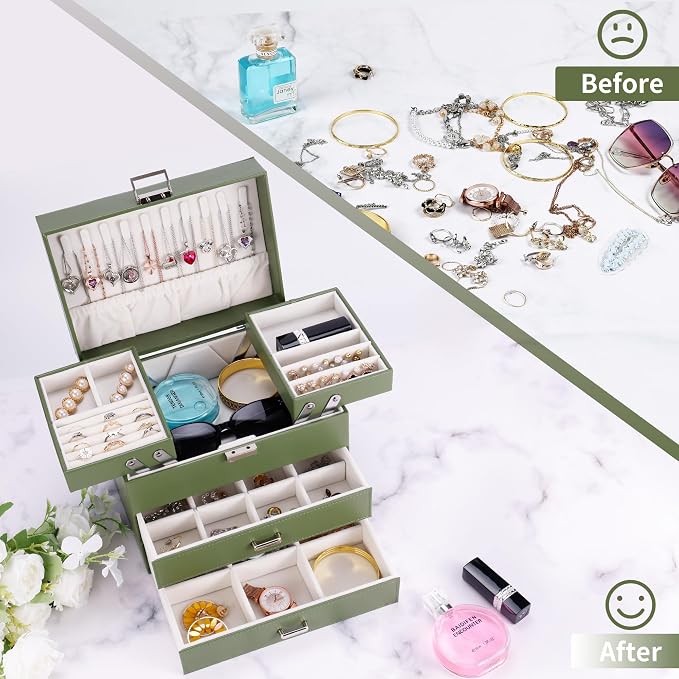 Dajasan Jewelry Organizer Box, Large Jewelry Boxes for Women Girls, Space-Saving 4 Layers Jewelry Storage Case with Drawer, Movable Metal Stand, Modern, Gift Idea (Green) - Image 2