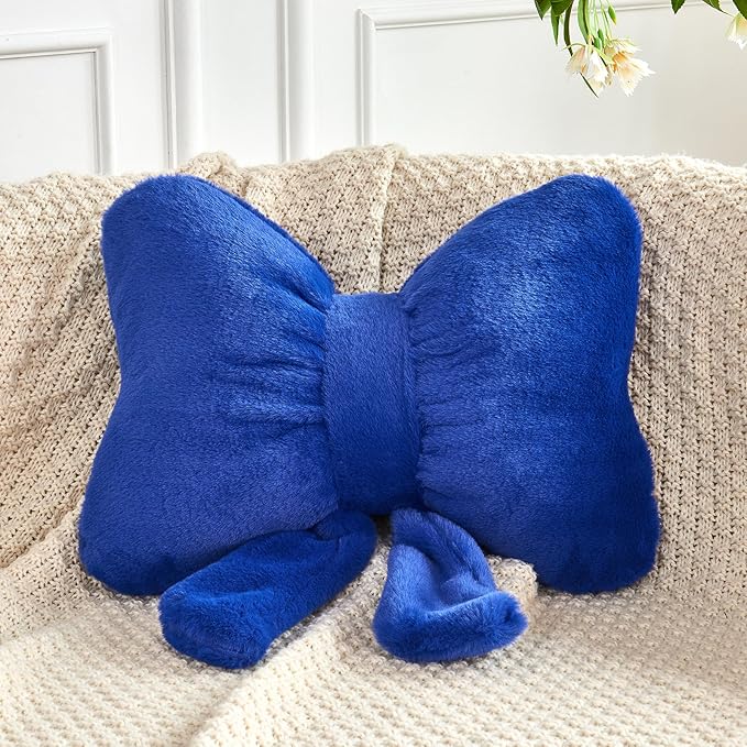 XVTRU Bow Pillow, Soft Bow Decorative Pillows with Faux Rabbit Fur, Cute Bow Throw Pillows, Aesthetic Home Decor Bow Shaped Plush Pillow for Bedroom Sofa Couch (Royal Blue, Small-12 Inch)