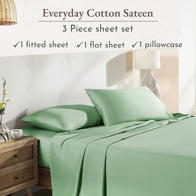 California Design Den Twin XL Bed Sheets Set - Natural 100% Cotton Sheet Set, Soft Sateen, Fully Elasticized 12" Pockets, Breathable and Durable Bedding for Dorm Room - Frosty Green