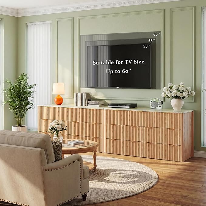 HUAHUU Fluted Dresser for Bedroom with 7 Drawers, 53" Wide Mid Century Modern Dressers with Faux Marble Top & Metal Handle, Wooden Chest of Drawers TV Stand, Natural Oak
