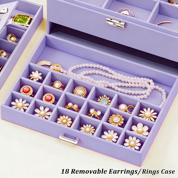 QBestry 3-Layer Jewelry Box for Girls & Teens with Lock and Key, Large Jewelry Organizer with 8 Necklace Hooks & 56 Earring Holes, Violet Velvet Jewelry Storage Box for Necklace Earring Ring Bracelet - Image 7