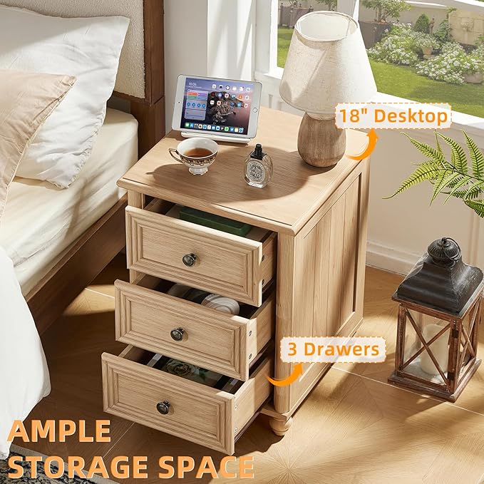 RWYHG 18" Farmhouse Night Stand Set of 2, Natural Wood Nightstand with 3 Drawers, Bedside End Table with Storage and Roman Column, Bed Side Tables Cabinet for Bedroom, Living Room, and Closet