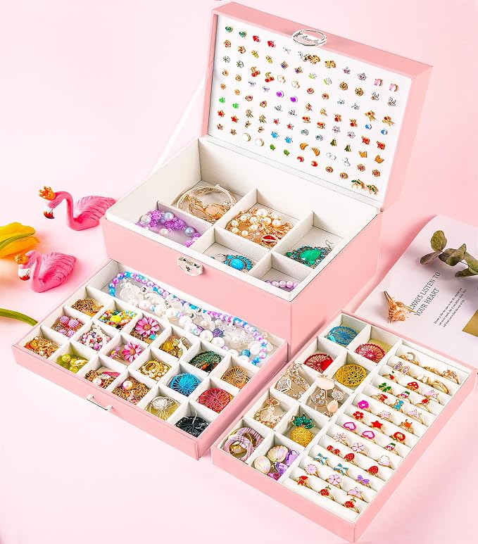 QBestry Earring Jewelry Box for Girls Pink, 5 Layers Jewelry Organizer with Lock Key Jewelry Boxes for Women Necklace and Earring Holder Organizer for Girls Teen Jewelry Box Earrings Case Xmas Gifts - Image 3