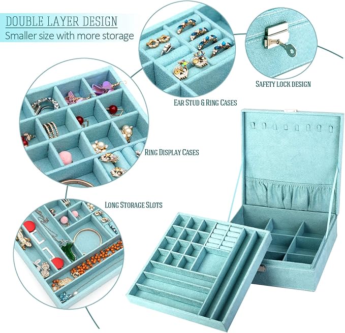 Two-Layer lint Jewelry Box Organizer Display Storage case with Lock (Blue) - Image 7