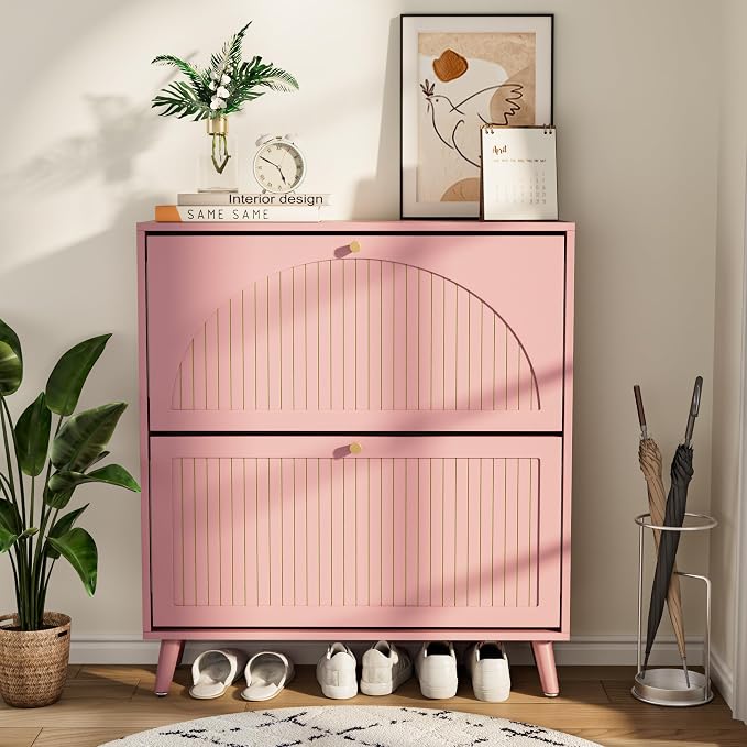 Fsbecl Shoe Storage Cabinet for Entryway with 2 Flip Drawers, Narrow Wood Shoe Cabinet with Fluted Panel, Freestanding Hidden Shoe Organizer for Foyer, Hallway (Pink - with Shelf) - Image 6