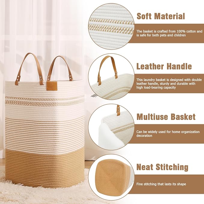 danpinera Large Laundry Hamper – 75L Tall Woven Cotton Storage Basket with Leather Handles, Slim Dirty Clothes Hamper, Decorative Storage Basket for Blanket,Toys White & Jute - Image 2