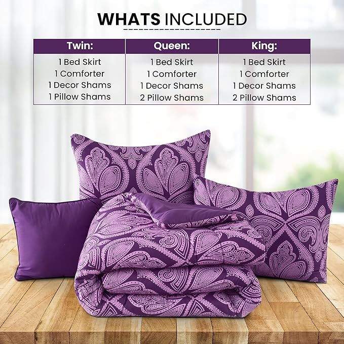LUX Décor Reversible 4pc Twin Comforter Set, Printed Bedding Set, All-in-One Bed in a Bag, Includes 1 Comforter, 1 Pillow Sham, 1 Decor Pillow & 1 Bed Skirt (Paisley Purple,Twin)