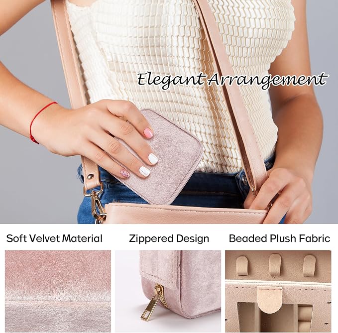 Plush Velvet Travel Jewelry Box for Women & Girls - Small Portable Organizer, Storage Case for Rings, Earrings, Necklaces & Bracelets – Ideal Gift for Travel & Occasions (Gray pink) - Image 4