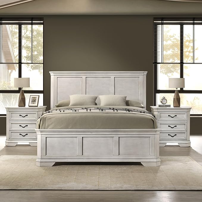 Roundhill Furniture Maderne Wood Panel Bed with Two Nightstand, Queen, Antique White Finish