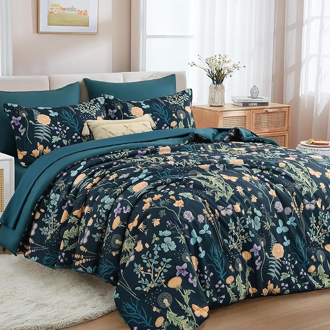 Yiran Blue Twin Comforter Set with Sheets, 6 Piece Floral Bed in a Bag with Botanical Flowers Patterns, Botanical Bedding Set, Soft Microfiber Complete Bedding Set with Sheets for All Season