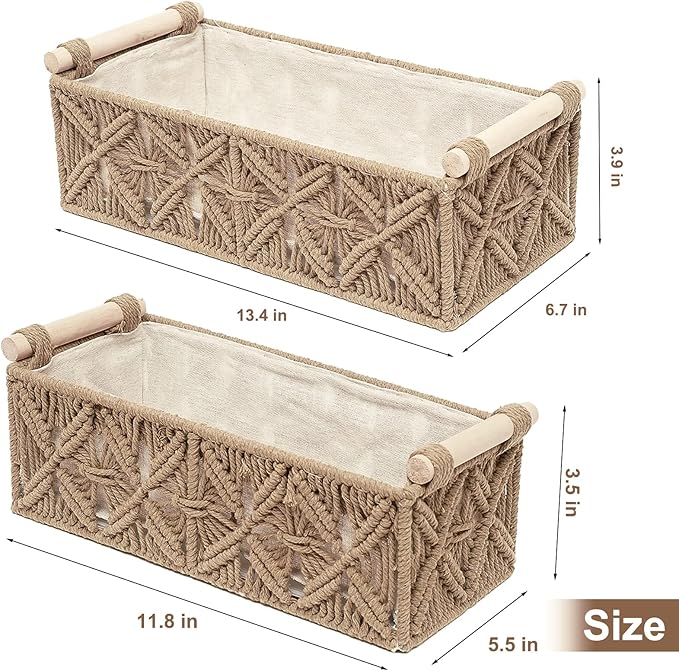 Macrame Storage Basket Boho Decor Baskets for Organizing Woven Decorative Basket for Countertop Toilet Paper Basket for Toilet Tank Top Shelf Basket with Handle for Bathroom Decor Nursery (Set of 2) - Image 7