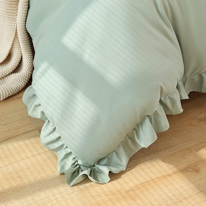 JANZAA Twin Comforter Set Sage Green Comforter Set 2PCS Ruffled and 1 Pillow Case Fluffy Vintage Farmhouse Shabby Chic Bedding Soft All Season