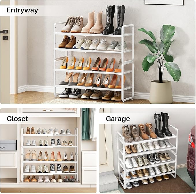 SNTD Shoe Rack - Expandable Shoe Organizer for Closet, Adjustable Metal Shoe Shelf Storage, Stackable Long Shoe Stand Holder for Garage, Entryway, Door Entrance (White, 4-Tier) - Image 8