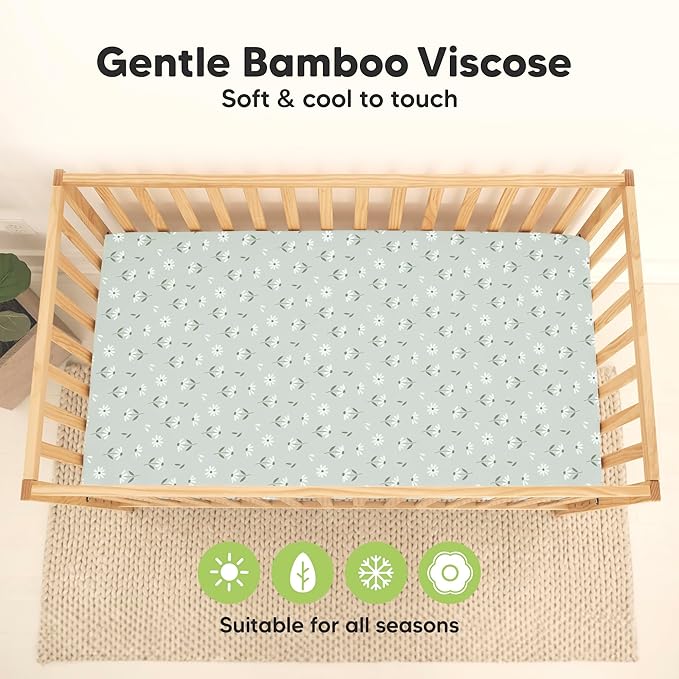 2-Pack Waterproof Baby Crib Sheets for Boys, Girls - 52x28 Viscose Derived from Bamboo Toddler Bed Sheet Neutral, Fitted Crib Mattress Protector Cover for Baby Bedding, Soft & Gentle (Daisies)